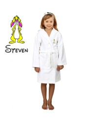 Yellow Rabbit Cartoon Design & Custom Name Embroidery on Kids Hooded Bathrobe